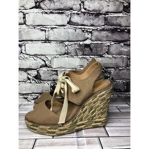 Tory Burch Taupe Canvas Textile Green Tan Espadrilles Wedge Women Sz 10M US/41EU